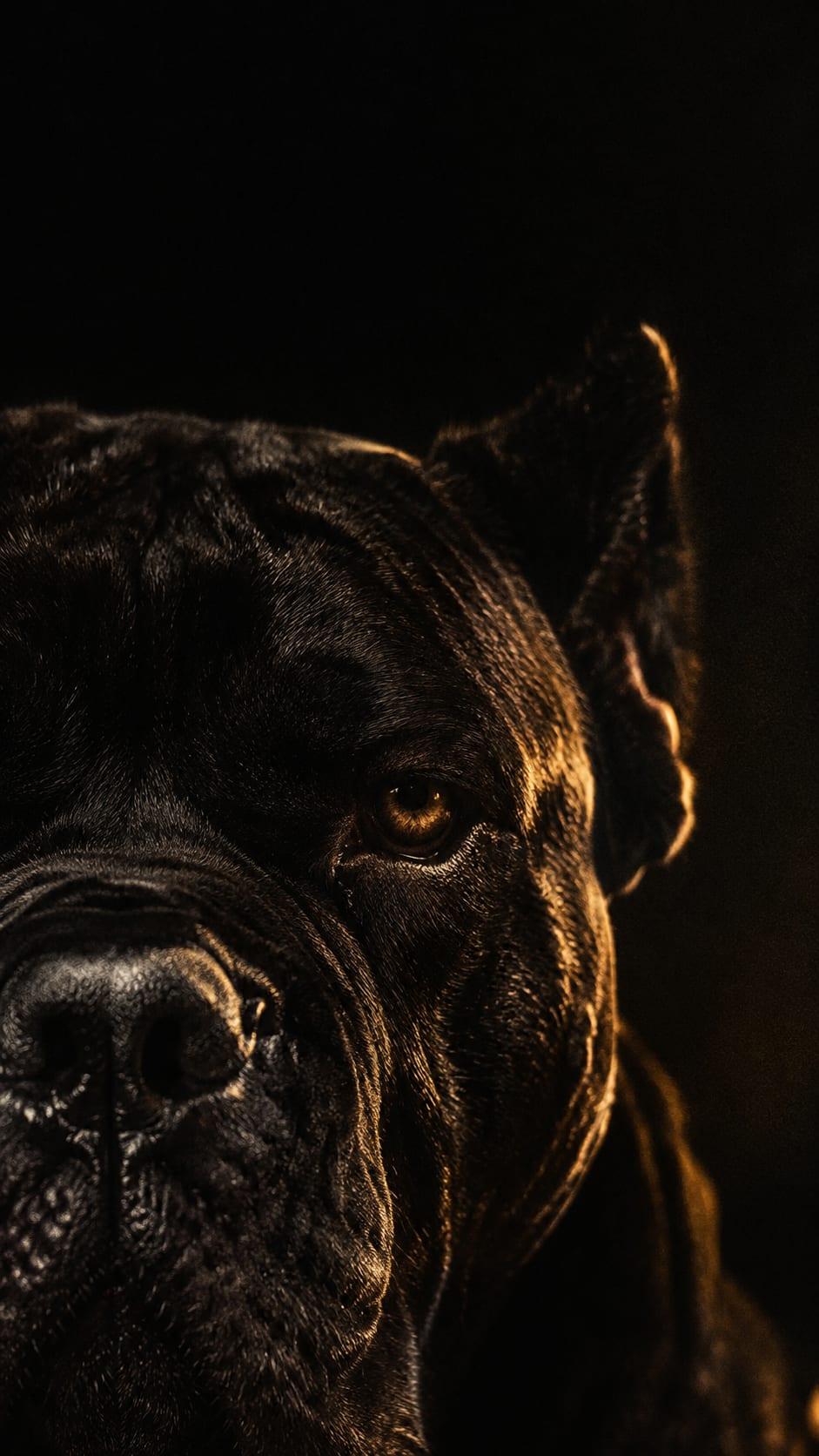 Close-up of a black Cane Corso, half its face in shadow, one amber eye catching a low golden light