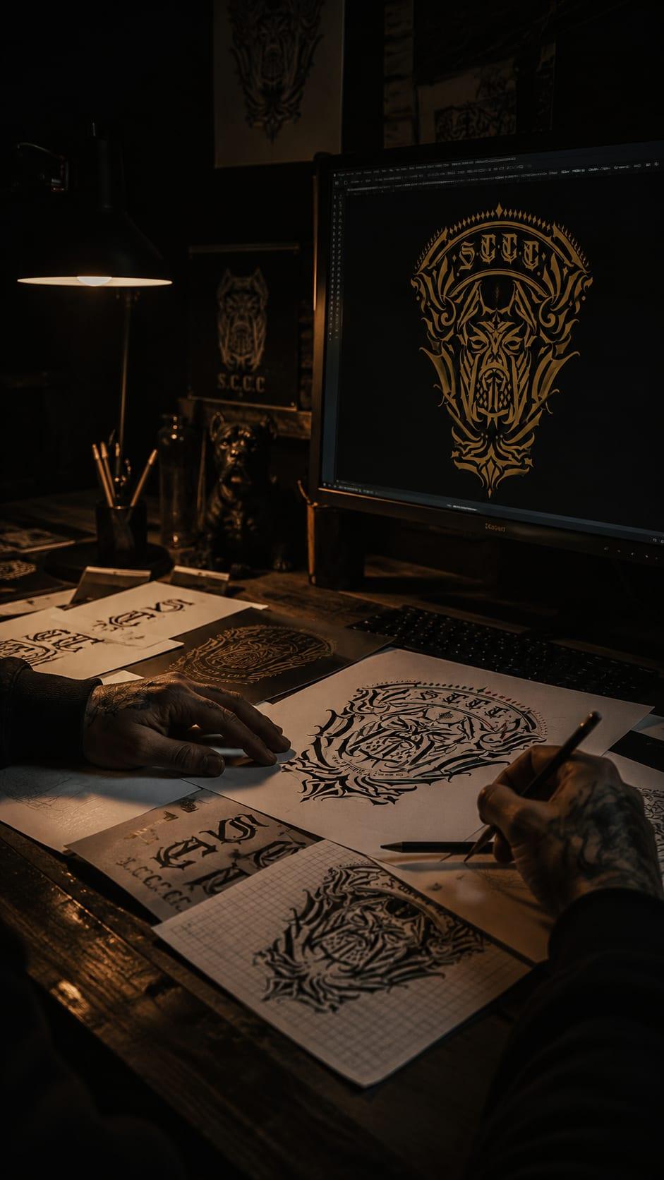 An artist's desk by lamplight: a hand sketching a crest on paper beside a monitor showing the same crest in gold