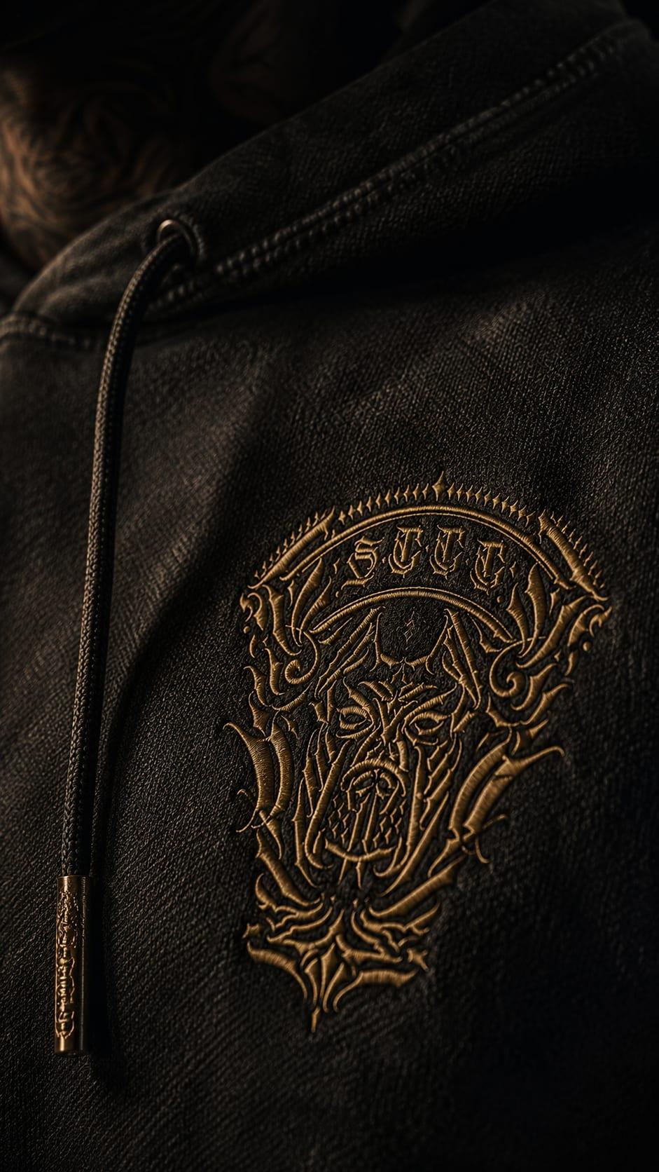 Close-up of the embroidered SCCC crest on a washed black hoodie, drawstring with a metal tip